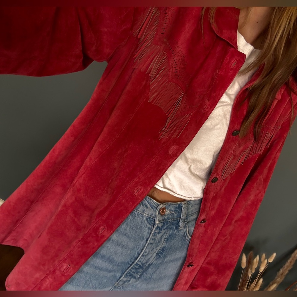 Chico’s western Vermillion Suede Fringed Jacket coral pink sz 3 - Picture 11 of 16